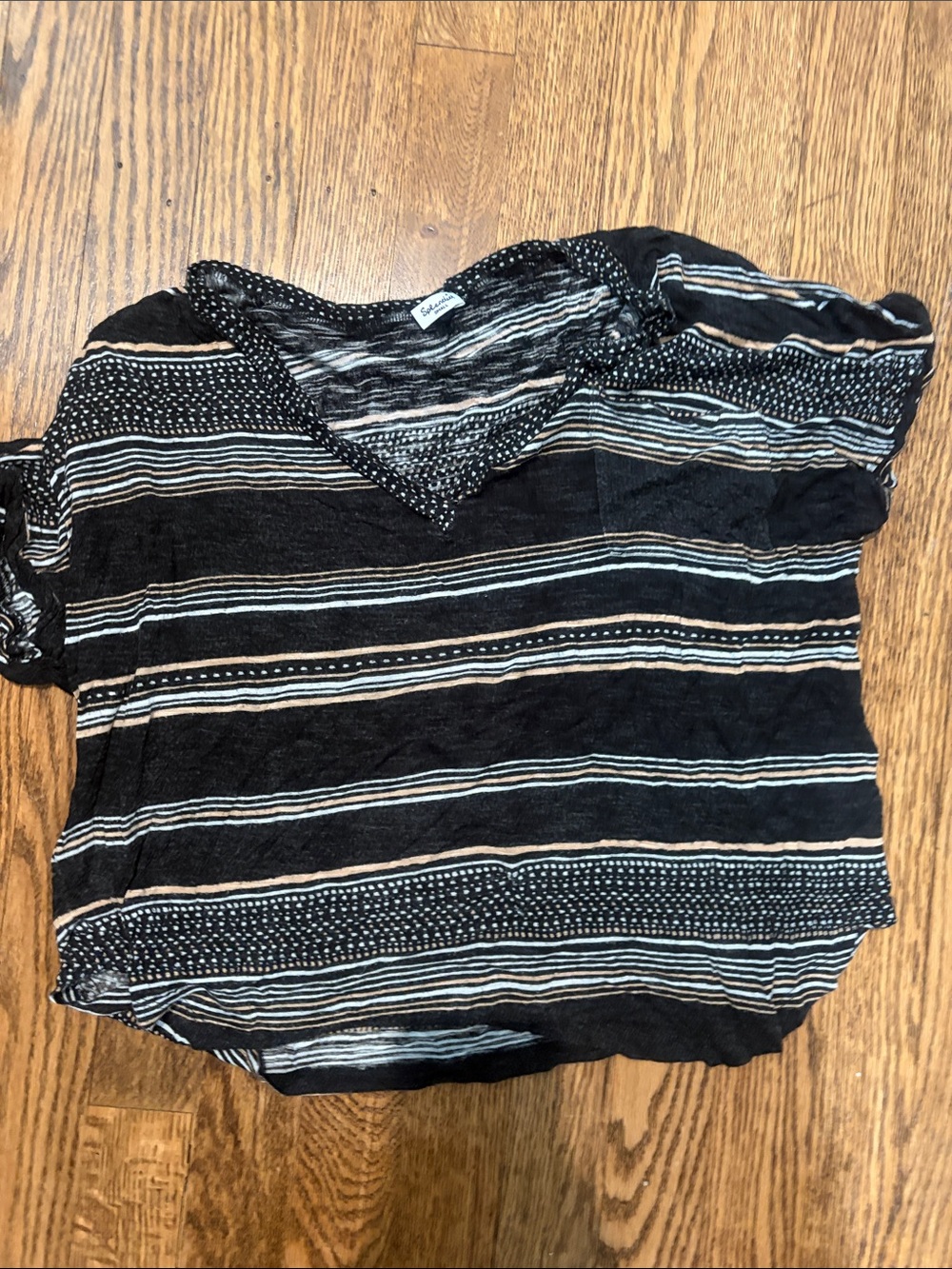 Splendid Black and Cream Striped V-Neck Short Sleeve Top